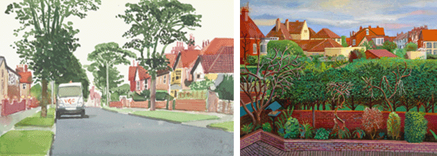 177991_FIG 1 (left): David Hockney, Street Scene, Bridlington, 2004, Collection The David Hockney Foundation. Image: Richard Schmidt, Artwork: © David Hockney 177991_FIG 2 (right):  David Hockney, Bridlington Rooftops, October, November, December, 2005. Image: Richard Schmidt, Artwork: © David Hockney